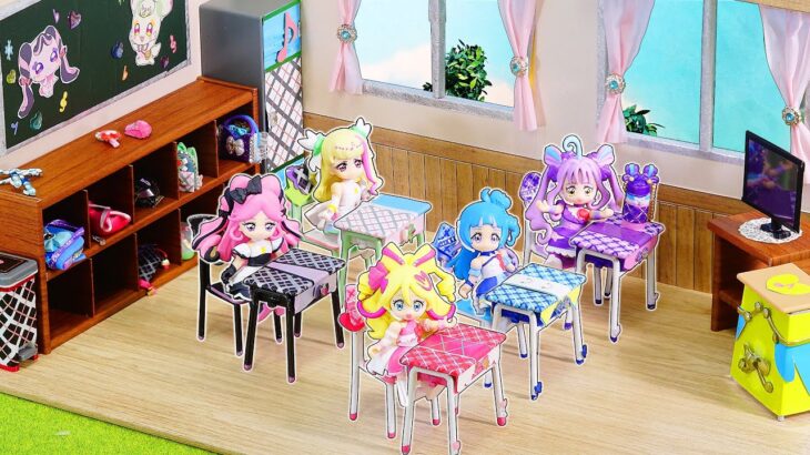 プリキュアの学校と小物をDIY❤️キミとアイドルプリキュアのキュアズキューン、キュアキッス、キュアアイドル、キュアキュンキュン、キュアウインクの教室を手作り✨お部屋を100均材料工作🍭