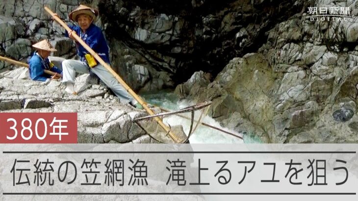 滝上る鮎をすくう　380年続く伝統の「笠網漁」