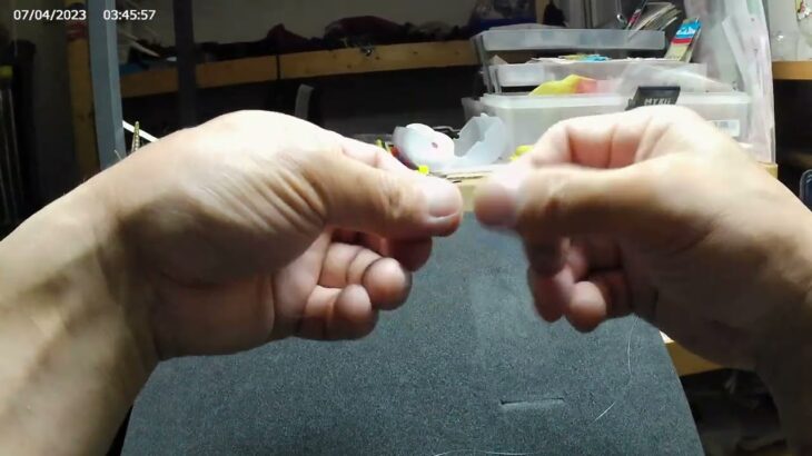 あゆ釣り仕掛け作り　移動式天上糸　その①　PE０．３号　全長４．５ｍ　鮎竿に接続するチチワ　ナイロン０．８号とPEラインの接続の巻