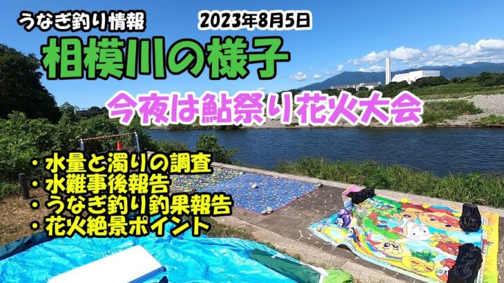 うなぎ釣り情報。相模川の様子。今夜は鮎祭り花火大会。水量・濁りの調査。水難事故報告など