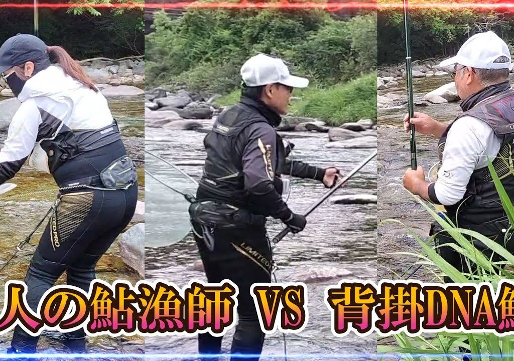 鮎釣り　3人の鮎漁師が穴場河川で背掛DNA鮎を釣る